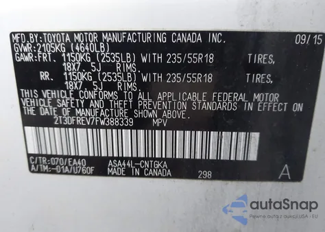 2015 Toyota Rav4 Limited z USA, uszkodzony, nr VIN 2T3DFREV7FW388339